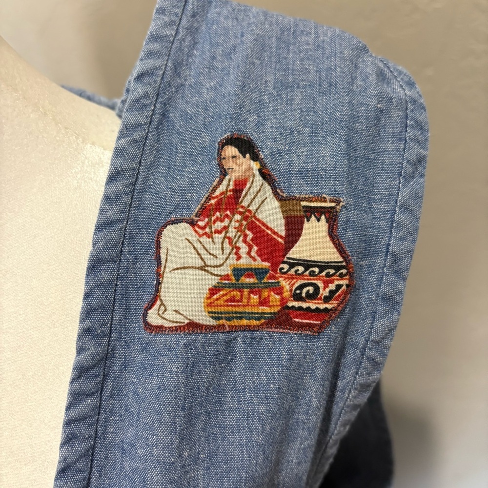 Vintage Handmade Denim Jumper Dress – Southwestern Folk Art Details – Size L - Picture 2 of 10